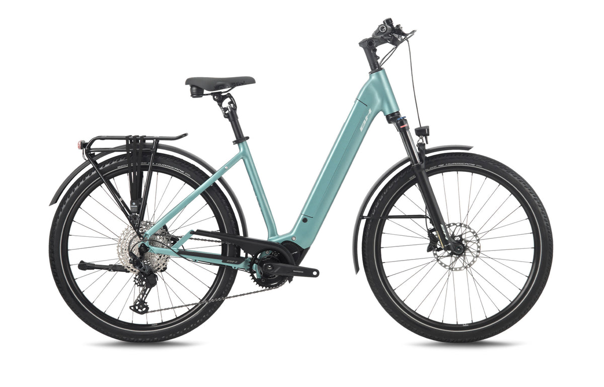 Vélo électrique urbain BH ATOM+ SL SUV PROS, coloris vert-gris et aqua