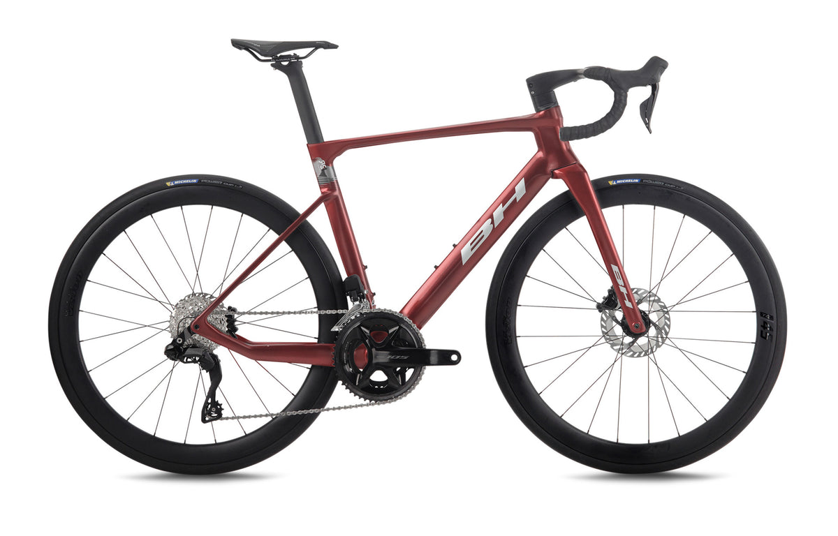 Vélo de route compétition BH RS1 4.5, coloris grenat, gris foncé et gris clair