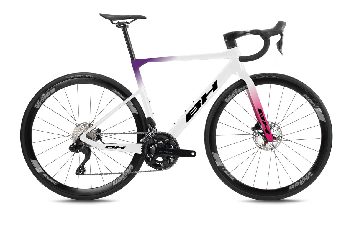 Vélo de route compétition BH ULTRALIGHT 6.0, coloris blanc, noir et rose